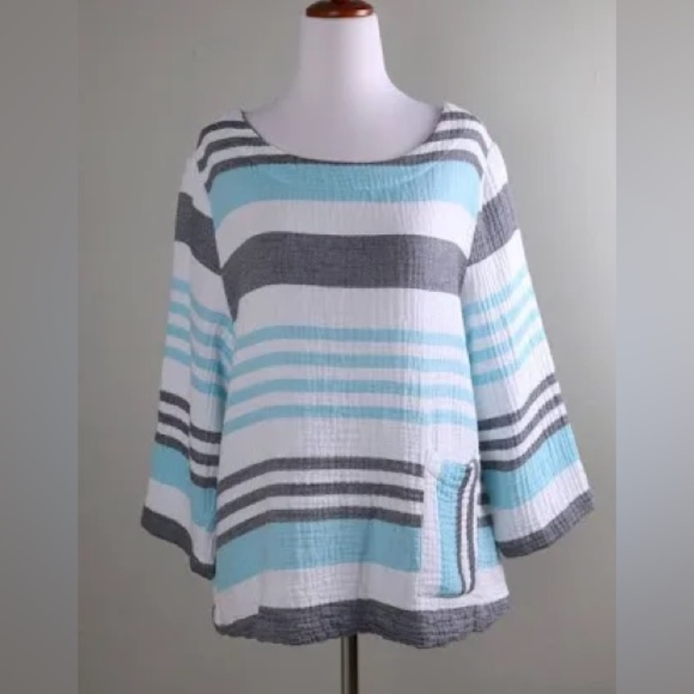 Habitat Gauze Blue and White Relaxed Tunic Top
